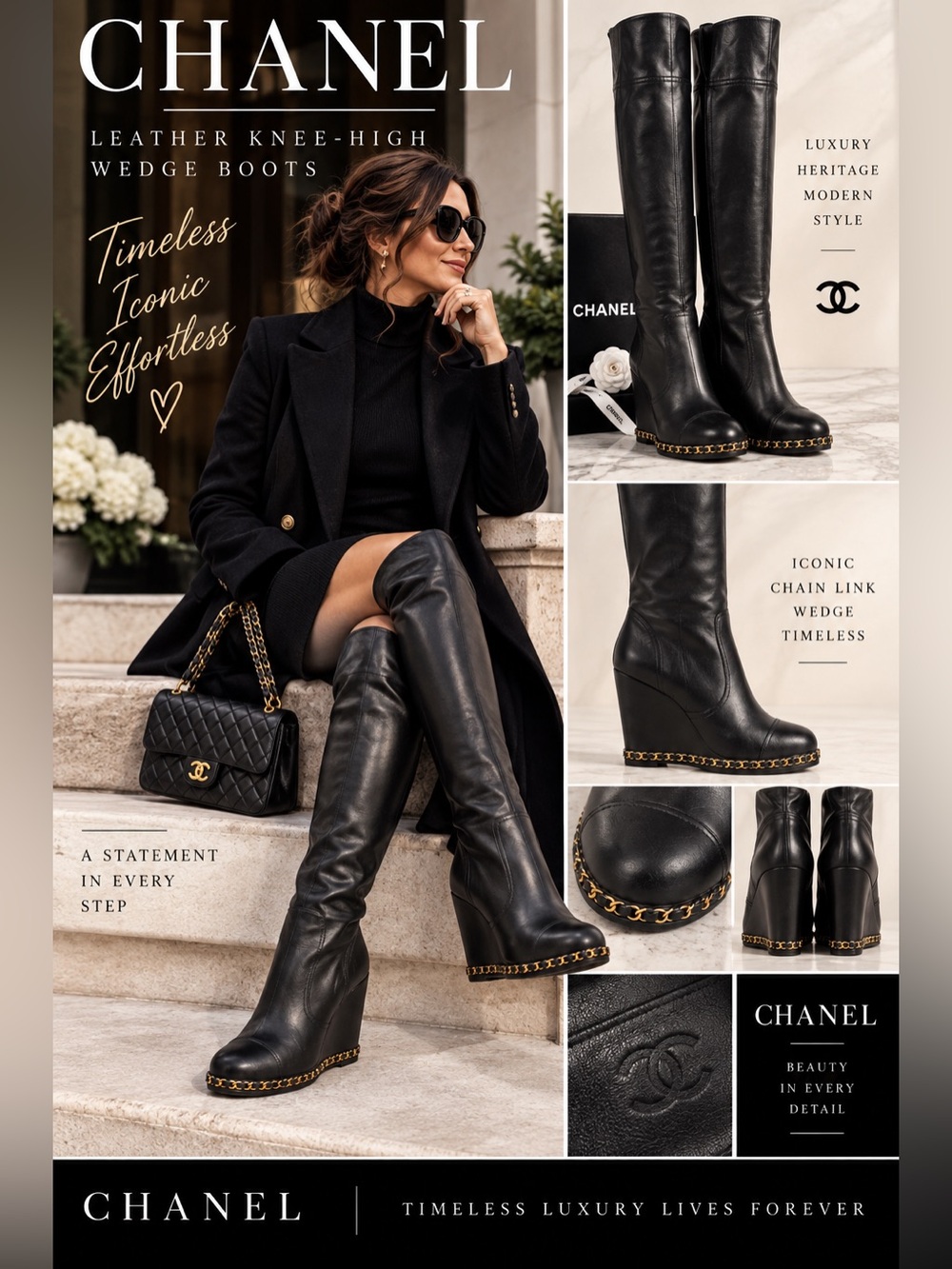 Chanel Leather Over The Knee High Chain Link Wedge Boots